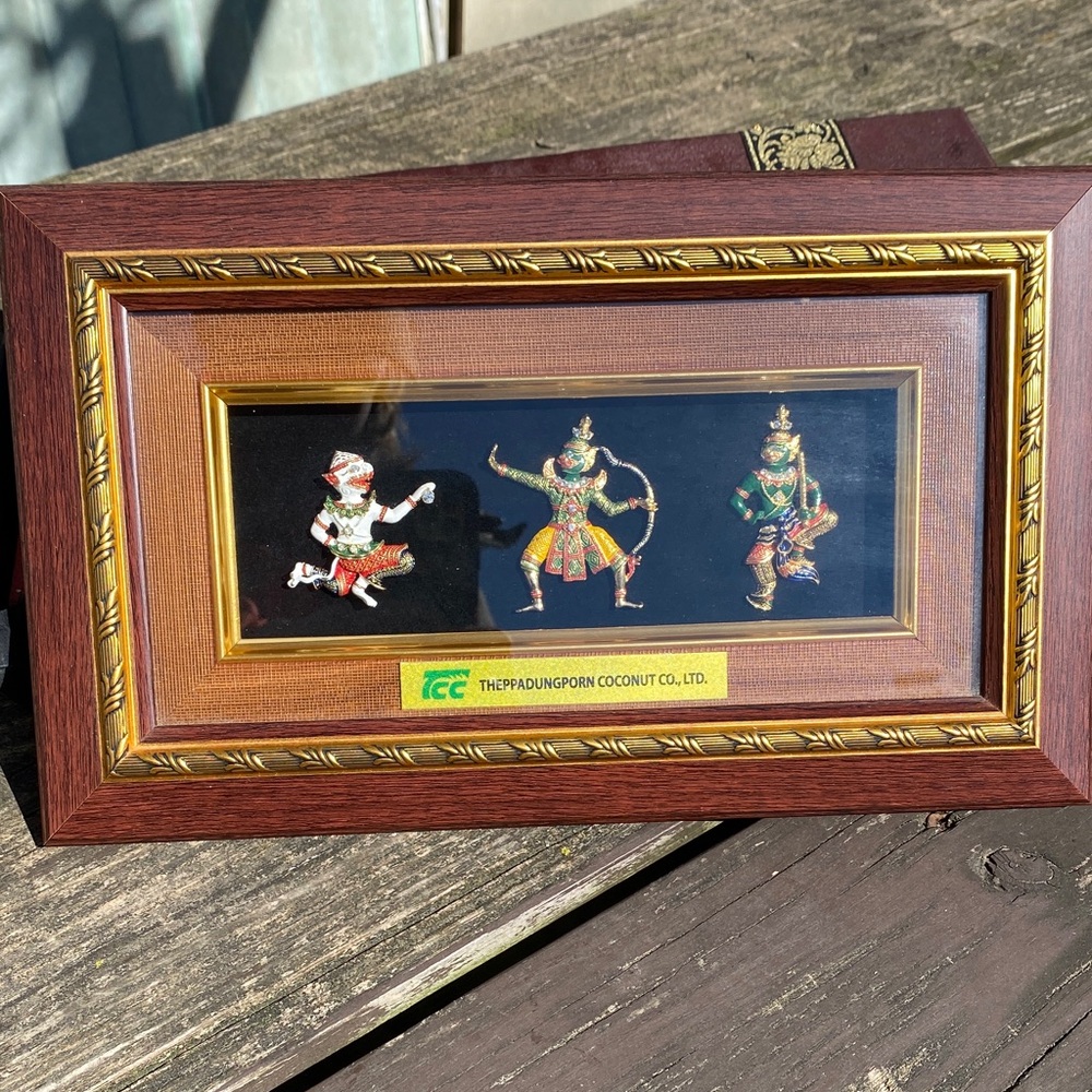 Framed Thai Khon masked dance drama art piece, characters from the Ramakien epic
